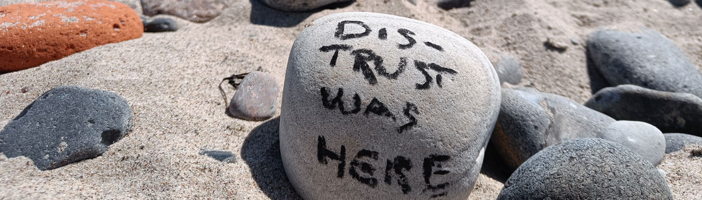 DIS-TRUST written on a stone on the beach