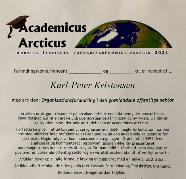 Diplom for modtalese af formidlingsprisen med argumentatom for, hvorfor KArl-Peter Kristensen får prisen. 