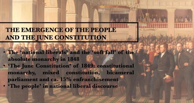 Picture of slide from presentation with text on top of painting of constitutional assembly
