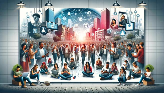 An AI generated image depicting a modern, digital artwork showcasing a diverse group of people interacting through various forms of technology.