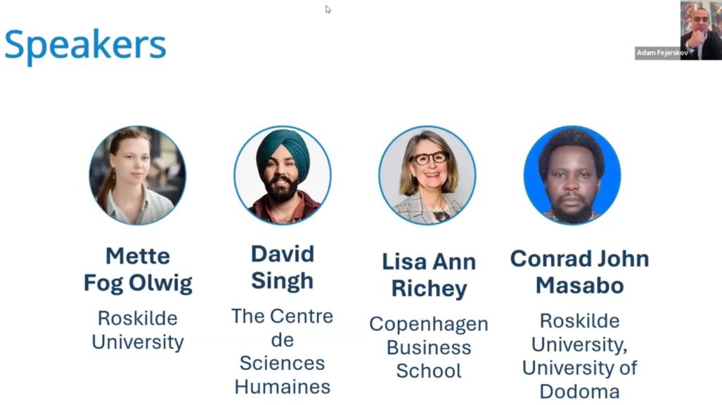 Ptictures of the speakers: Mette Fog Olwig, Davis Singh, Lisa Ann Richey and Conrad John Masabo