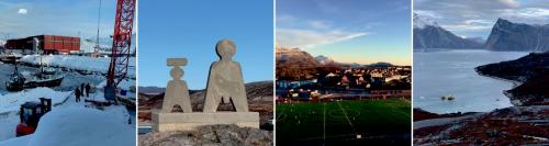 Grønlandsk friskerihavn, skultur, fodboldbane, fjord