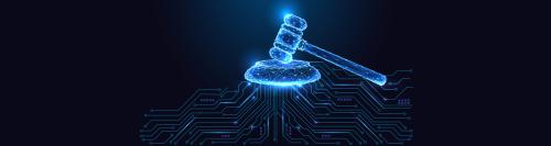 Grafik af AI og retssystemet symboliceret ved hammer og linjer i netværk