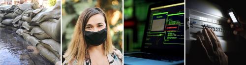 Sandsække til opdæmning ved oversvømmelse, pandemi - pige med mundbind, computer - cyberangreb, strømtavle med lys fra mobiltelefon ved strømafbrydelse