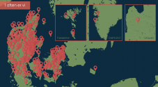 Danmarkskort med markering af steder, som foredraget blev livestreamet til
