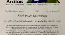 Diplom for modtalese af formidlingsprisen med argumentatom for, hvorfor KArl-Peter Kristensen får prisen. 