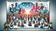 An AI generated image depicting a modern, digital artwork showcasing a diverse group of people interacting through various forms of technology.