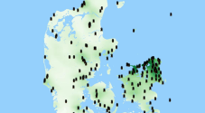 Foto: Et forsimplet kort der viser, hvor flest mennesker har registreret, at de har set flåter. Videnskab.dk. Illustration: Rasmus Kristoffer Pedersen.