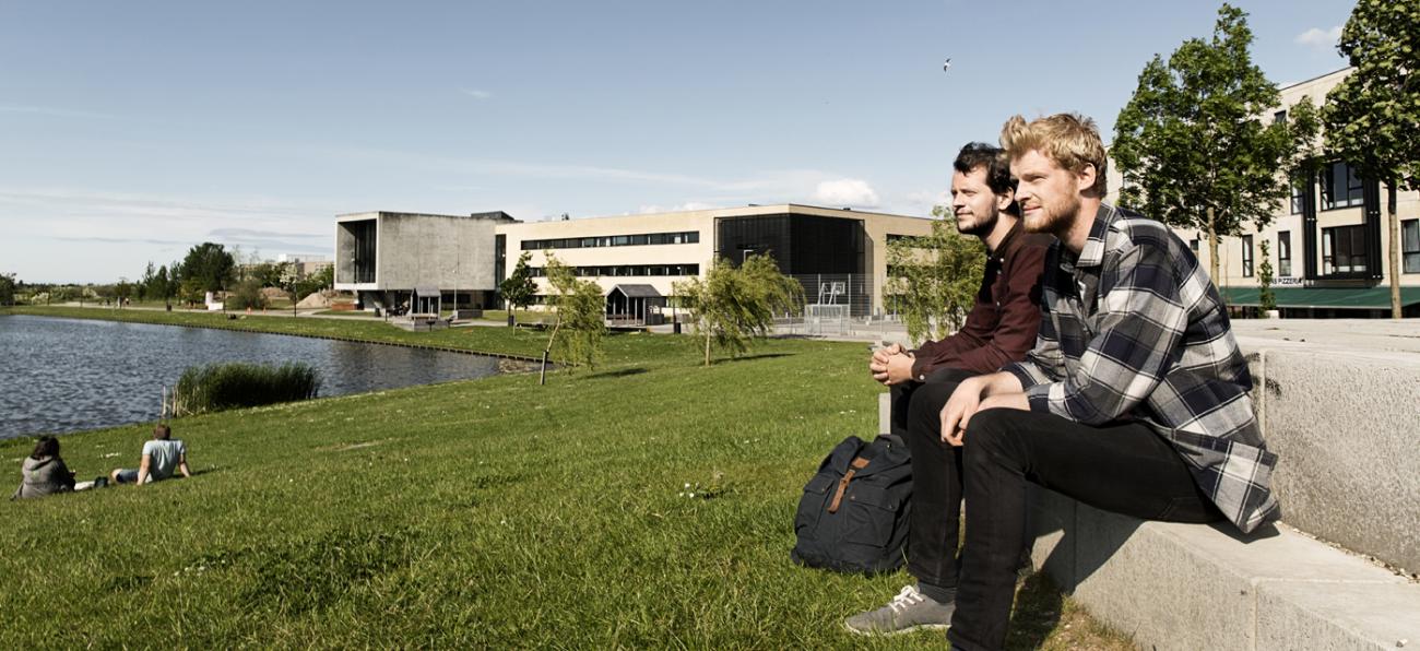 to mandlige studerende kigger ud over campus sø